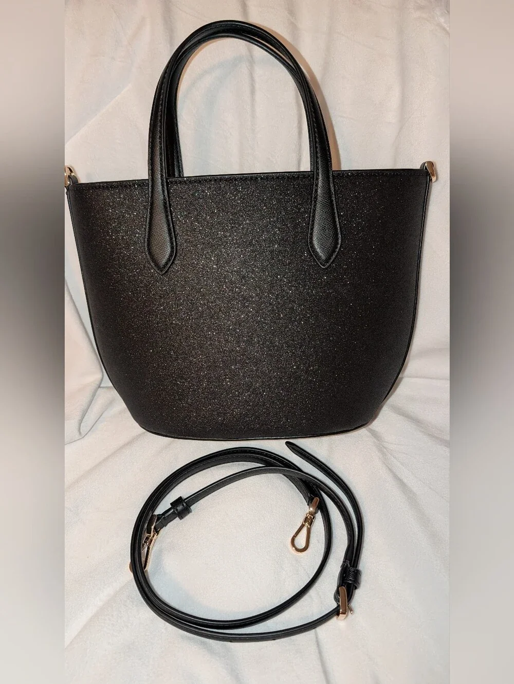 Kate Spade New York Glimmer Small Satchel Glitter Fabric Black Gold EUC